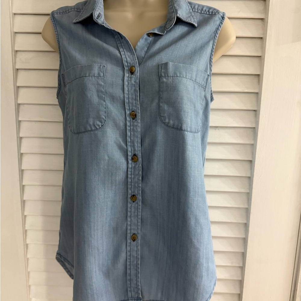 Blue Sleeveless Button Down Shirt with Notched Collar